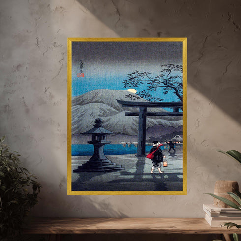 Japanese Torii Gate Canvas Art, Full Moon Night Landscape, Stone Lantern Print, Blue Woodblock Style, Zen Garden Decor, Shin Hanga