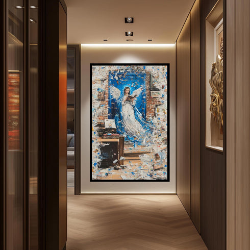 Abstract Angel Reading Wall Art – Wall Art - Spiritual Guardian Angel Print – Blue and Gold Inspirational Canvas for Study Room or Library