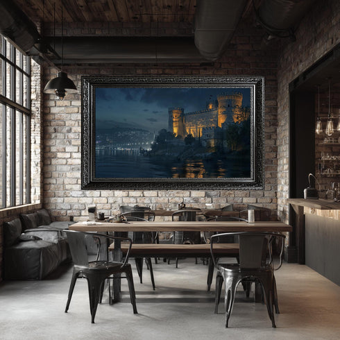 Rumeli Fortress Night Canvas Print, Istanbul Castle Wall Art with Bosphorus Lights, Dark Historic Cityscape Decor for Moody Interiors