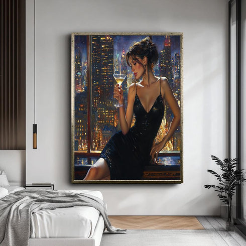 Woman in Black Dress Canvas Print, Sensual Cityscape Wall Art, Modern Sexy Woman with Martini Painting, Glamorous Nightlife Decor