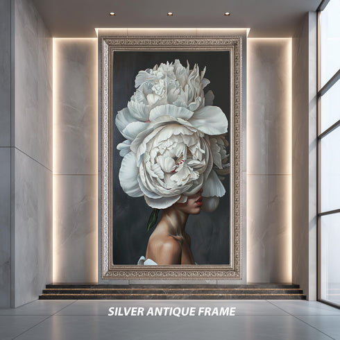 Floral Woman Portrait Wall Art, Surreal White Peony Head Artwork, Modern Botanical Female Print for Elegant Home Decor