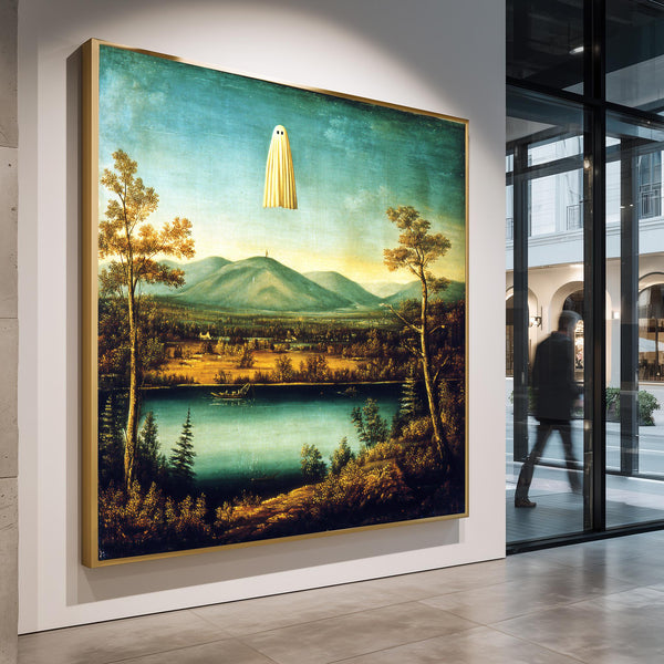 Golden Ghost Over Lake Vintage Landscape Painting Funny Surreal Halloween Wall Art Spooky Pastoral Decor for Cottage or Eclectic Homes