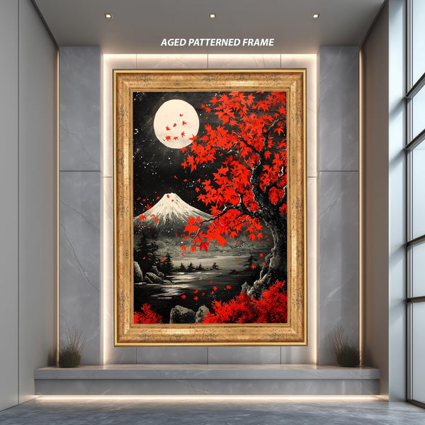 Japanese Maple Tree and Mount Fuji Moonlight Landscape Wall Art Print, Red Autumn Tree Japan Poster, Zen Nature Painting Decor