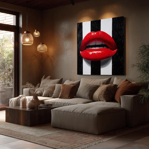 Red Lips Wall Art 3D Pop Art Style Painting with Striped Background Modern Lip Sculpture for Bold Home Decor Statement Accent Piece