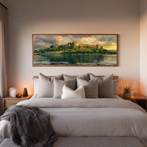 Rumeli Fortress Istanbul Canvas Art, Golden Sunset over Bosphorus Print, Historic Turkish Landmark Wall Decor for Cultural Interiors