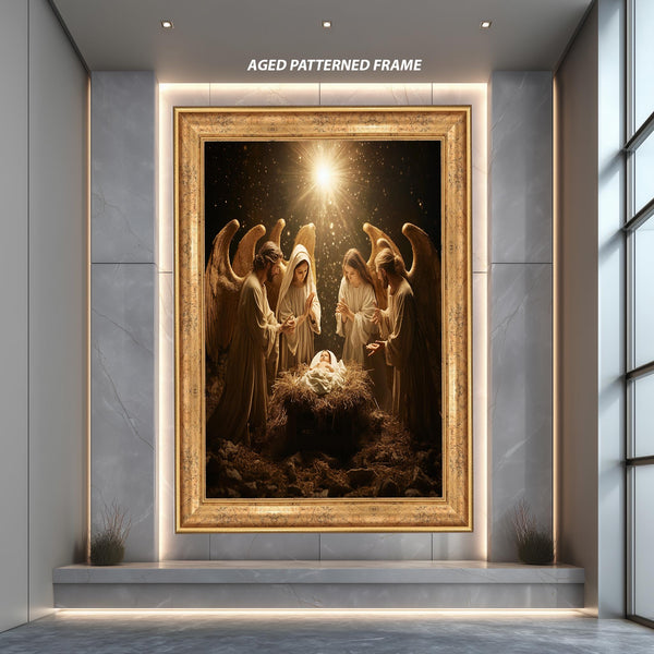 Nativity Scene Canvas Wall Art | Holy Birth of Jesus with Angels | Religious Christmas Decor | Baby Jesus Manger Canvas Print