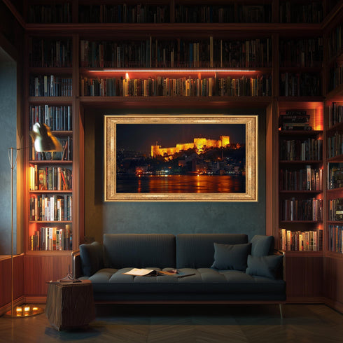 Rumeli Fortress Canvas Wall Art, Istanbul Night Bosphorus Print, Glowing Castle Landscape for Turkish History and Travel Decor