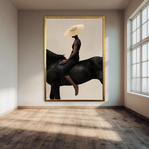 Minimalist Fashion Photography Wall Art, Woman on Black Horse Print, Modern Neutral Decor, Contemporary Fine Art Poster for Home