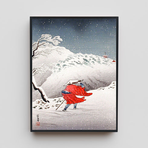 Japanese Woodblock Canvas Art, Winter Snow Landscape, Ukiyo-e Print, Red Kimono Traveler, Traditional Asian Decor, Shin Hanga Style