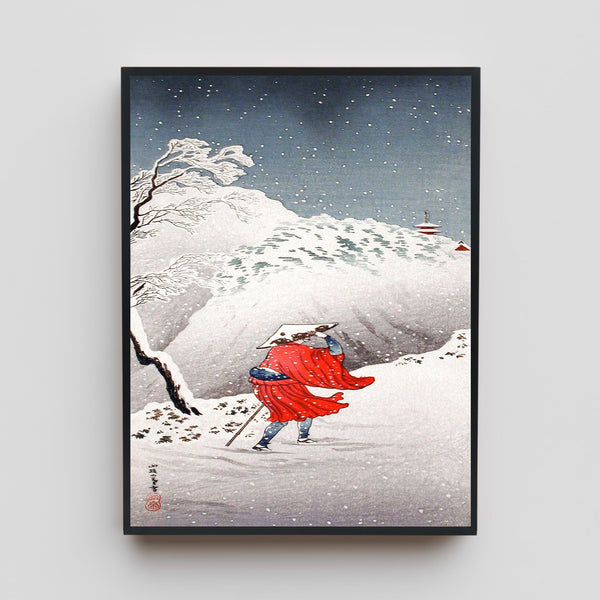 Japanese Woodblock Canvas Art, Winter Snow Landscape, Ukiyo-e Print, Red Kimono Traveler, Traditional Asian Decor, Shin Hanga Style