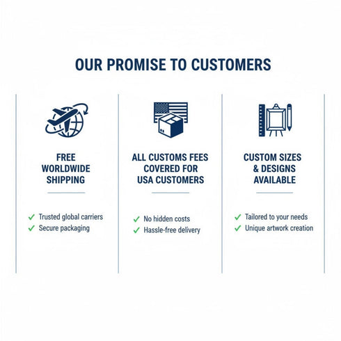 The image is a promotional graphic that highlights the promises made by a company to its customers. It features three columns of text and three icons representing different shipping options, along with checkmarks indicating that these promises are true.