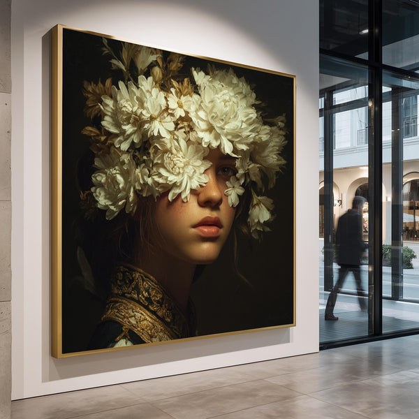 Floral Woman Portrait Canvas, Moody Renaissance Wall Art, White Flowers Face Print, Dark Academia Decor, Surreal Botanical Art