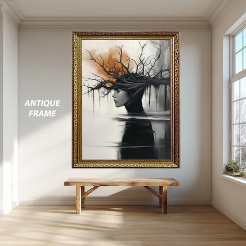 Surreal Woman Tree Wall Art Print, Dark Abstract Portrait Poster, Nature Mind Concept Artwork, Modern Emotional Black White Decor
