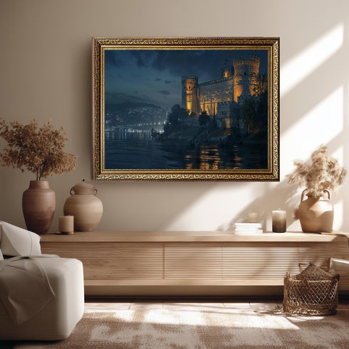 Rumeli Fortress Night Canvas Print, Istanbul Castle Wall Art with Bosphorus Lights, Dark Historic Cityscape Decor for Moody Interiors