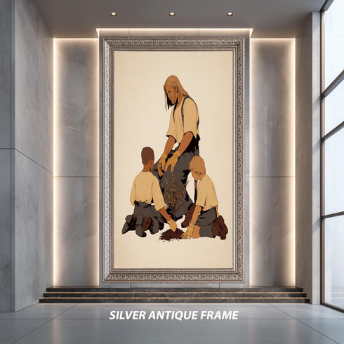 Jesus Gardening with Children Canvas, Carpenter Jesus Art, Christian Boys Room Decor, Faith of Mustard Seed, Religious Nursery