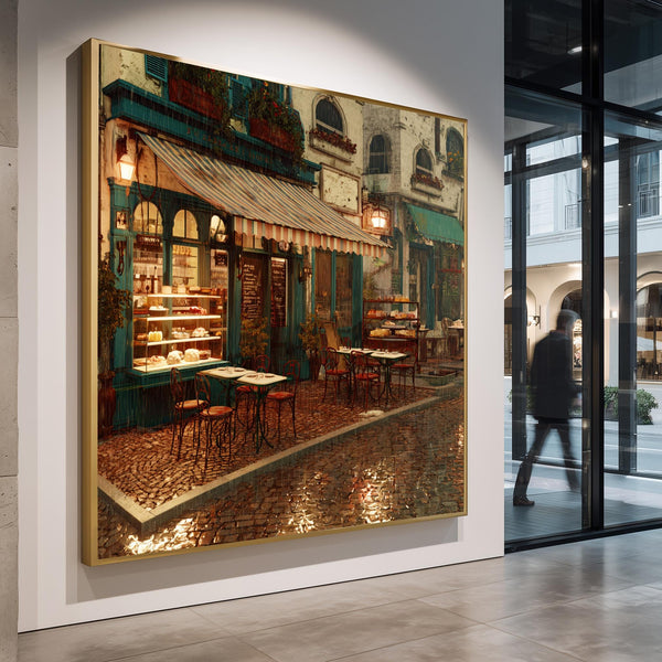 Rainy French Cafe Canvas Wall Art, Vintage Paris Street Print, Romantic Cityscape Print, Teal Storefront Decor, Urban Landscape