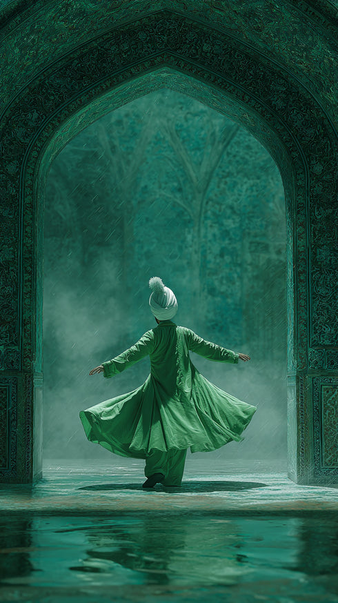 Semazen ve Tasavvuf Temalı İslami Kanvas Tablo – Yeşil Tonlu Manevi Atmosferli Dini Duvar Dekoru, Mevlevi Sanat Eseri