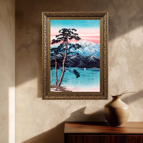 Japanese Woodblock Canvas Art, Mount Fuji Print, Pine Tree Lake Landscape, Pink Sunset Sky, Shin Hanga Style, Asian Wall Decor
