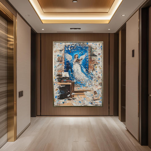 Abstract Angel Reading Wall Art – Wall Art - Spiritual Guardian Angel Print – Blue and Gold Inspirational Canvas for Study Room or Library