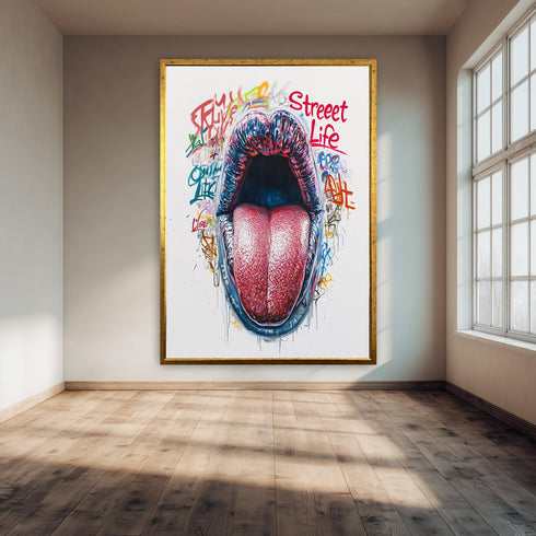 Bold Tongue Pop Art Street Style Canvas, Graffiti Mouth Wall Art, Urban Contemporary Print for Modern Loft or Teen Room Decor