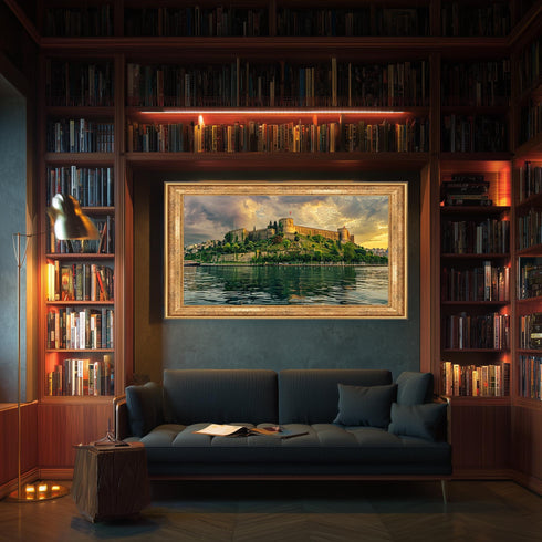 Rumeli Fortress Istanbul Canvas Art, Golden Sunset over Bosphorus Print, Historic Turkish Landmark Wall Decor for Cultural Interiors