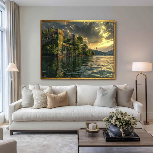 Istanbul Bosphorus Sunset Canvas Art, Rumeli Fortress and Bridge Print, Historical Landscape Wall Decor for Travel-Inspired Interiors