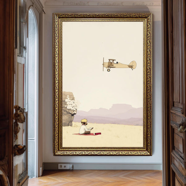 Boy Reading with Flying Vintage Airplane Wall Art | Minimalist Whimsical Canvas Print | Dreamy and Nostalgic Storybook Style Decor
