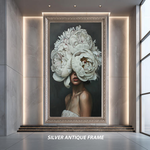 Floral Woman Portrait Wall Art, Surreal White Peony Head Print, Botanical Feminine Artwork for Modern Home Decor