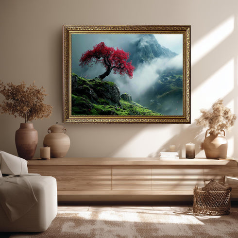 Kırmızı Yapraklı Ağaç ve Sisli Orman Tablo