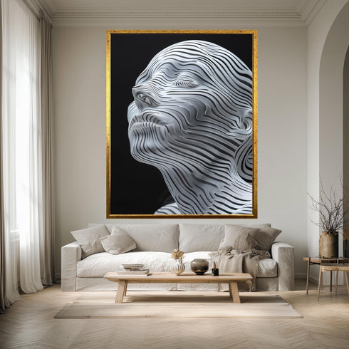 Abstract 3D Face Line Art Print, Surreal Contour Sculpture Wall Art, Futuristic Modern Canvas Poster for Minimalist Home or Office Decor
