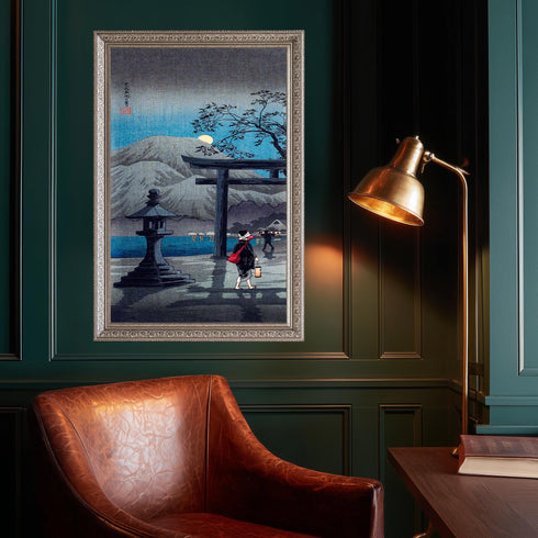 Japanese Torii Gate Canvas Art, Full Moon Night Landscape, Stone Lantern Print, Blue Woodblock Style, Zen Garden Decor, Shin Hanga