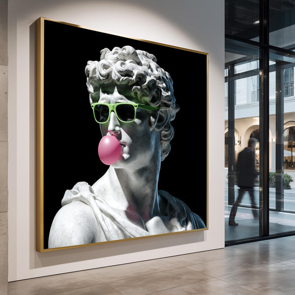 Pop Art David Sculpture Canvas, Bubble Gum and Green Sunglasses Print, Modern Funky Wall Art, Eclectic Home Decor, Funny Classical Bust