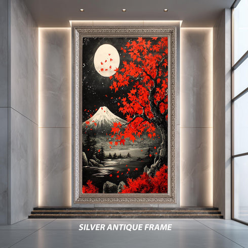 Japanese Maple Tree and Mount Fuji Moonlight Landscape Wall Art Print, Red Autumn Tree Japan Poster, Zen Nature Painting Decor