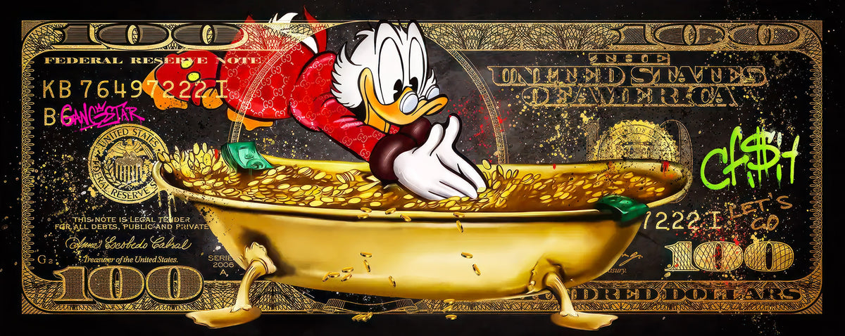 Altın Küvette Scrooge McDuck Dolar Pop Art Panoramik Kanvas Tablo