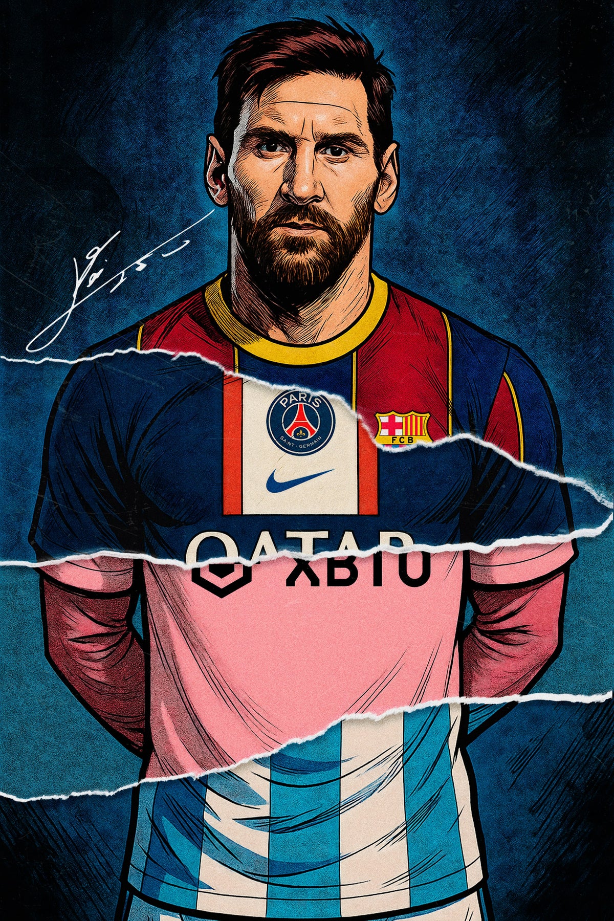 Messi Yırtık Forma Portre Dikey Kanvas Tablo