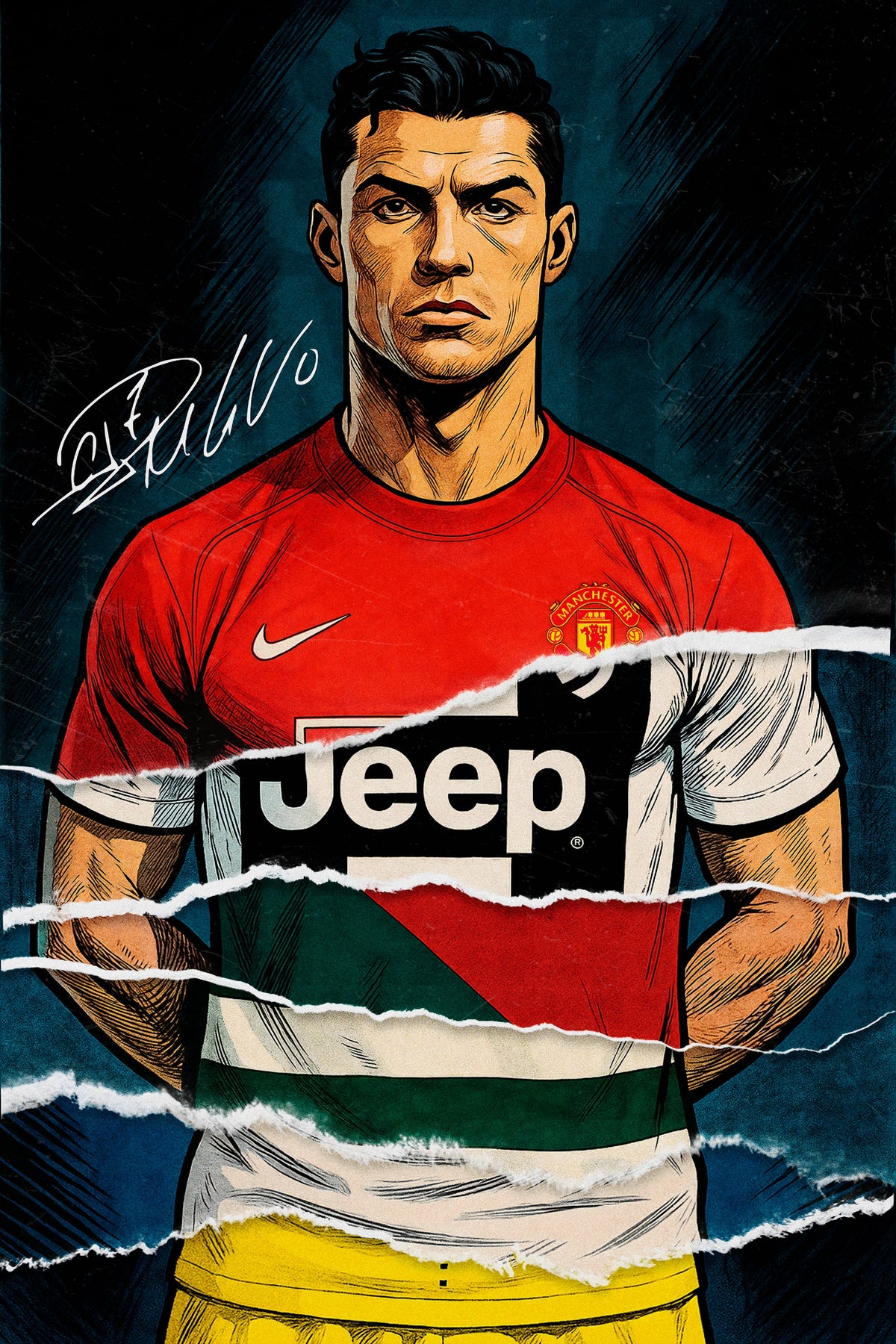 Cristiano Ronaldo Yırtık Forma Portre Dikey Kanvas Tablo