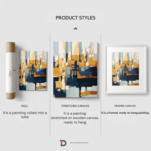 The image is a product styles comparison, featuring three different product styles: a roll, a stretched canvas, and a framed canvas.