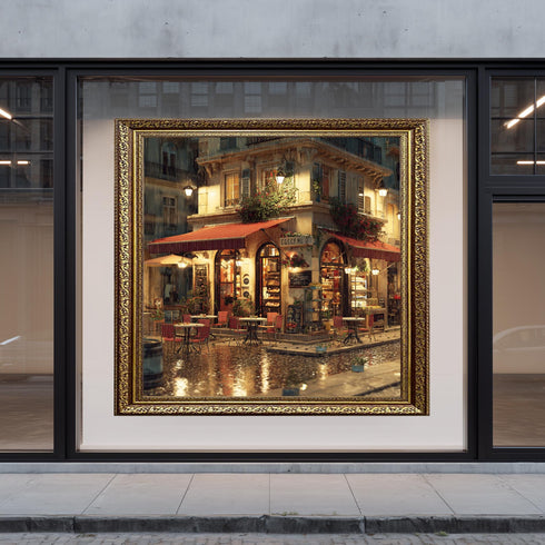 Rainy Paris Corner Cafe Canvas, Red Awning Bistro Painting, Romantic City Night Wall Art, Wet Cobblestone Street, Urban Landscape Print