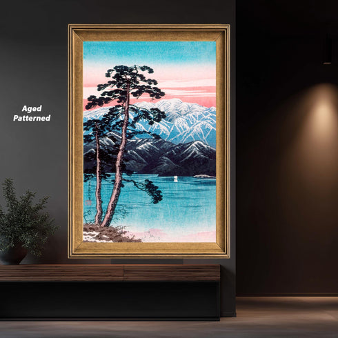 Japanese Woodblock Canvas Art, Mount Fuji Print, Pine Tree Lake Landscape, Pink Sunset Sky, Shin Hanga Style, Asian Wall Decor