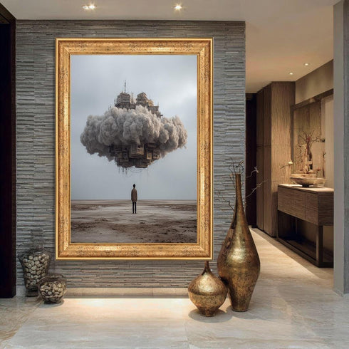Surreal Cloud City Wall Art – Floating Building in Sky over Desert, Sci-Fi Fantasy Landscape Print for Modern Home Decor