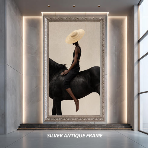 Minimalist Fashion Photography Wall Art, Woman on Black Horse Print, Modern Neutral Decor, Contemporary Fine Art Poster for Home