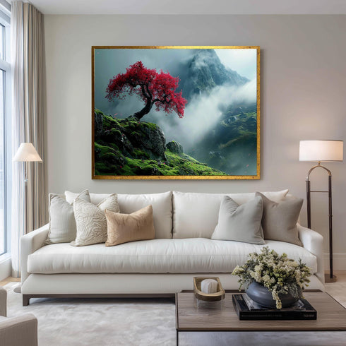 Kırmızı Yapraklı Ağaç ve Sisli Orman Tablo