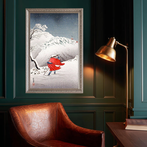 Japanese Woodblock Canvas Art, Winter Snow Landscape, Ukiyo-e Print, Red Kimono Traveler, Traditional Asian Decor, Shin Hanga Style