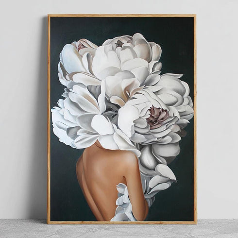 Beyaz Çiçekli Kadın Portre Tablo