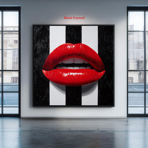 Red Lips Wall Art 3D Pop Art Style Painting with Striped Background Modern Lip Sculpture for Bold Home Decor Statement Accent Piece
