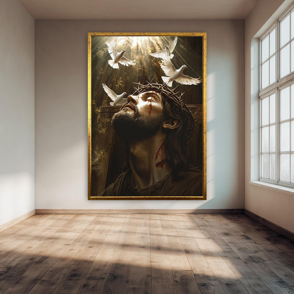 Jesus Christ Wall Art Print with Crown of Thorns and Doves, Christian Religious Artwork, Spiritual Easter Poster for Faith-Based Home Decor