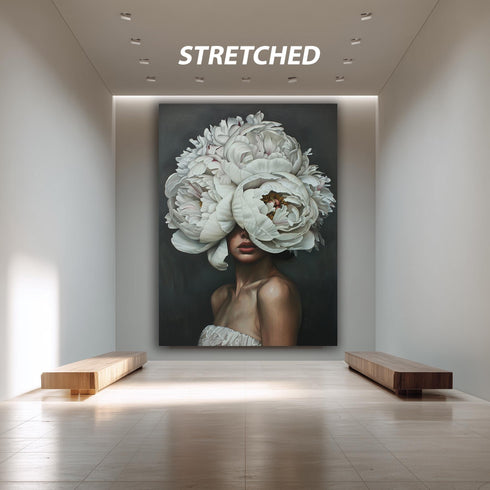 Floral Woman Portrait Wall Art, Surreal White Peony Head Print, Botanical Feminine Artwork for Modern Home Decor