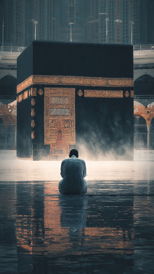 Kabe-i Muazzama Önünde Dua Eden Müslüman Kanvas Tablo – Mekke Temalı İslami Duvar Dekoru, Dini ve Manevi Atmosferli Salon Tablosu