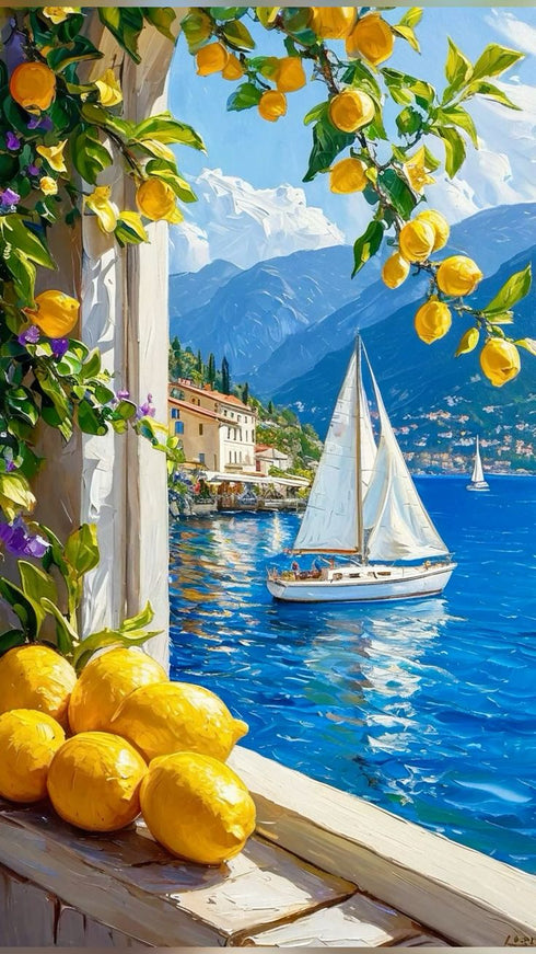 Limon Ağaçları ve Mavi Deniz Manzarası Sanat Baskısı, Akdeniz Sahilinde Yelkenli Tekne ile Yaz Esintili Duvar Dekoru