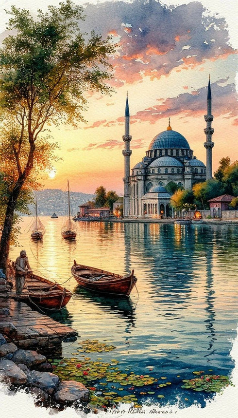 Gün Batımında Boğaz ve Tarihi Cami Manzarası Sanat Baskısı, İstanbul Temalı Suluboya Tablo ve Huzur Veren Klasik Duvar Dekoru